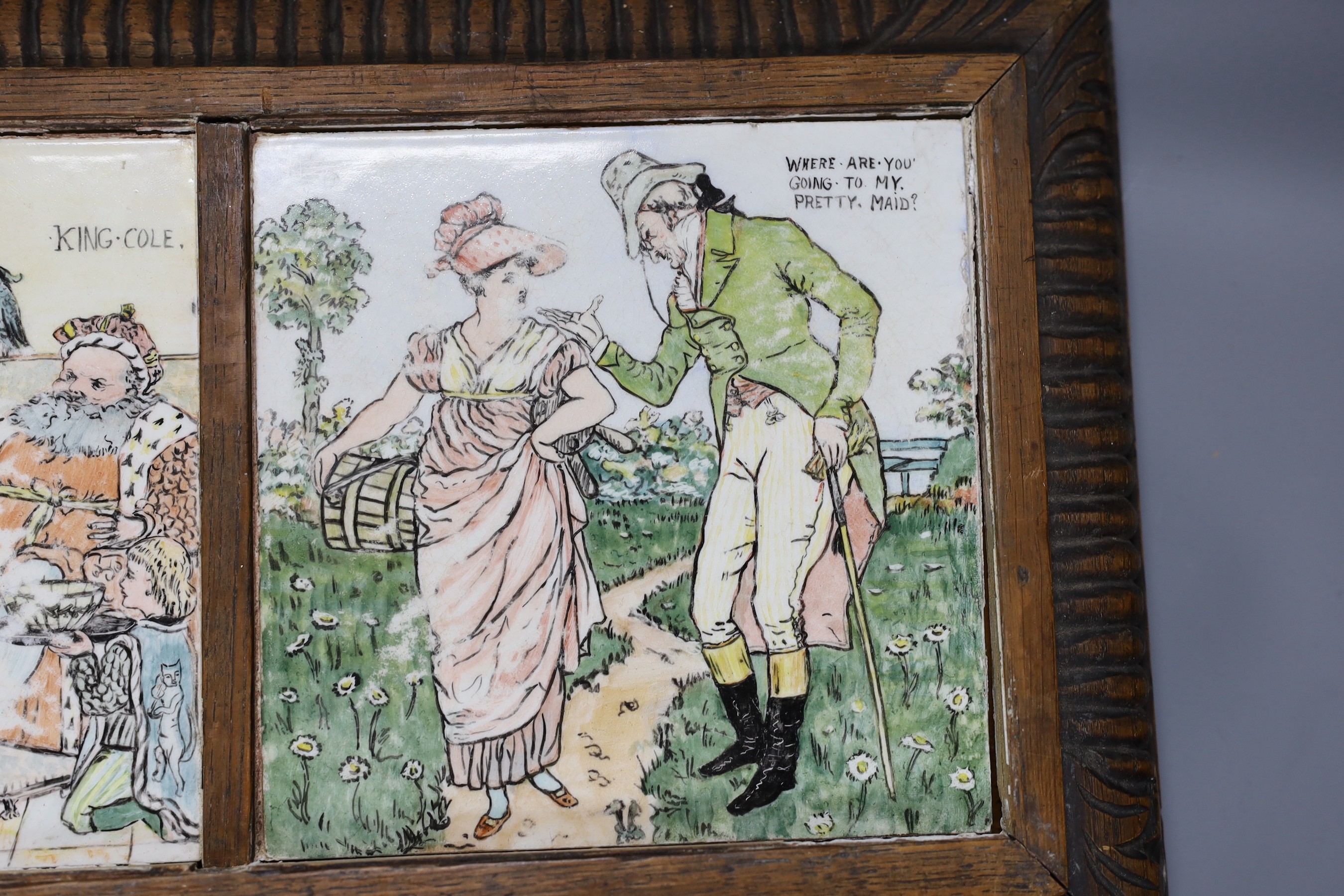 A set of three Minton style tiles, after illustrations by Walter Crane, in wooden frame